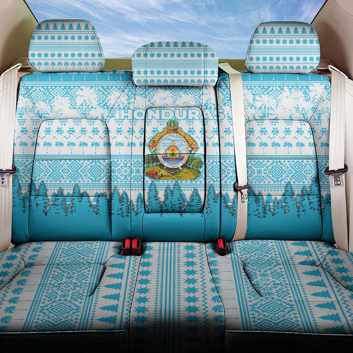 Honduras Christmas Back Car Seat Cover with National Emblem Palm Trees and Snowflake Pattern Design - Wonder Print Shop