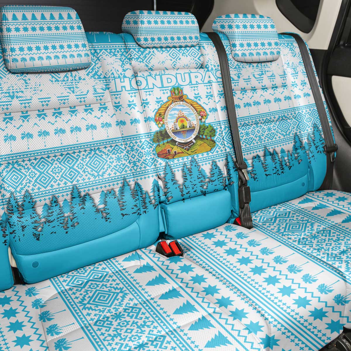 Honduras Christmas Back Car Seat Cover with National Emblem Palm Trees and Snowflake Pattern Design - Wonder Print Shop