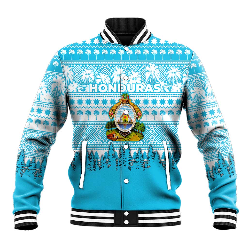 Honduras Christmas Baseball Jacket with National Emblem Palm Trees and Snowflake Pattern Design - Wonder Print Shop