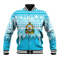 Honduras Christmas Baseball Jacket with National Emblem Palm Trees and Snowflake Pattern Design - Wonder Print Shop