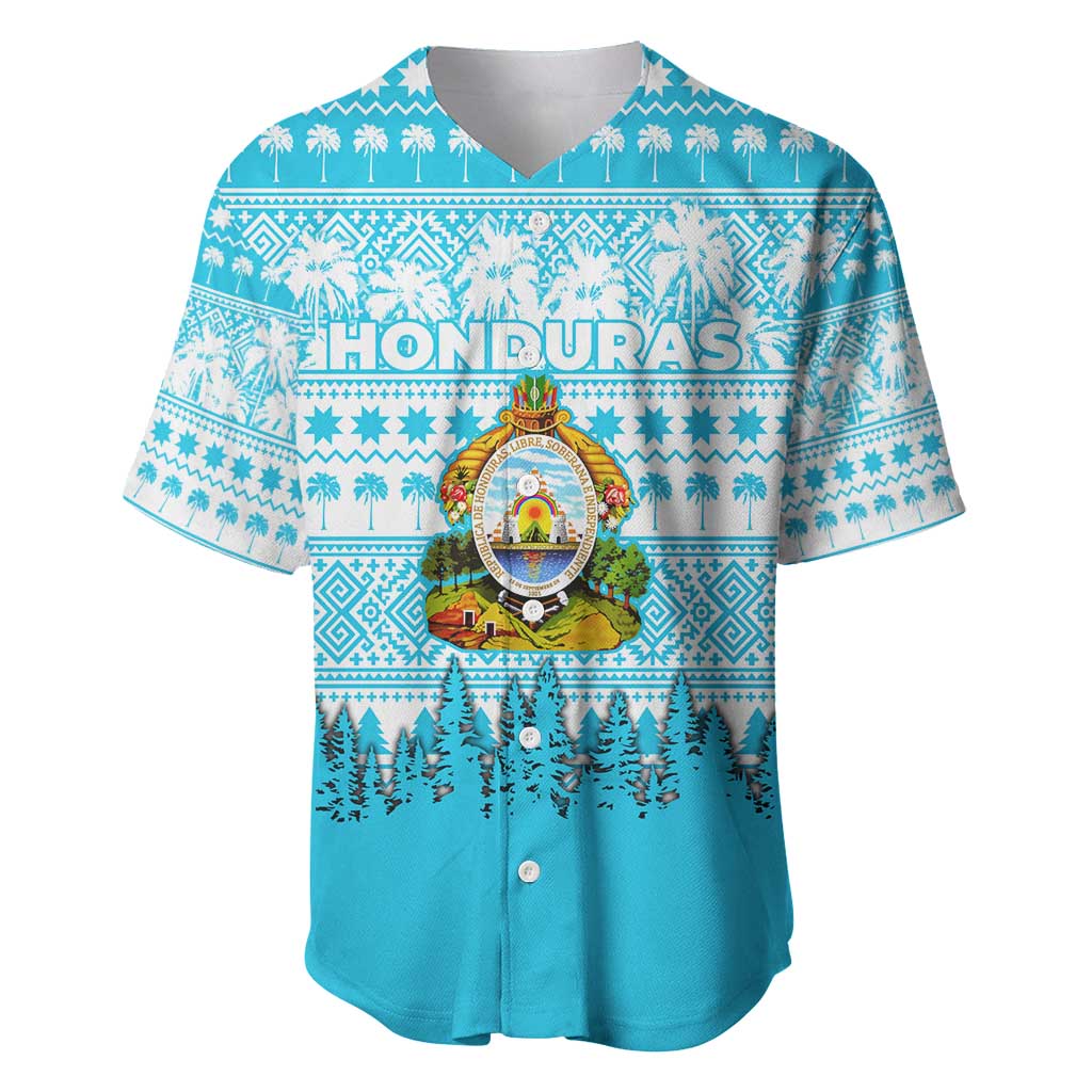 Honduras Christmas Baseball Jersey with National Emblem Palm Trees and Snowflake Pattern Design - Wonder Print Shop