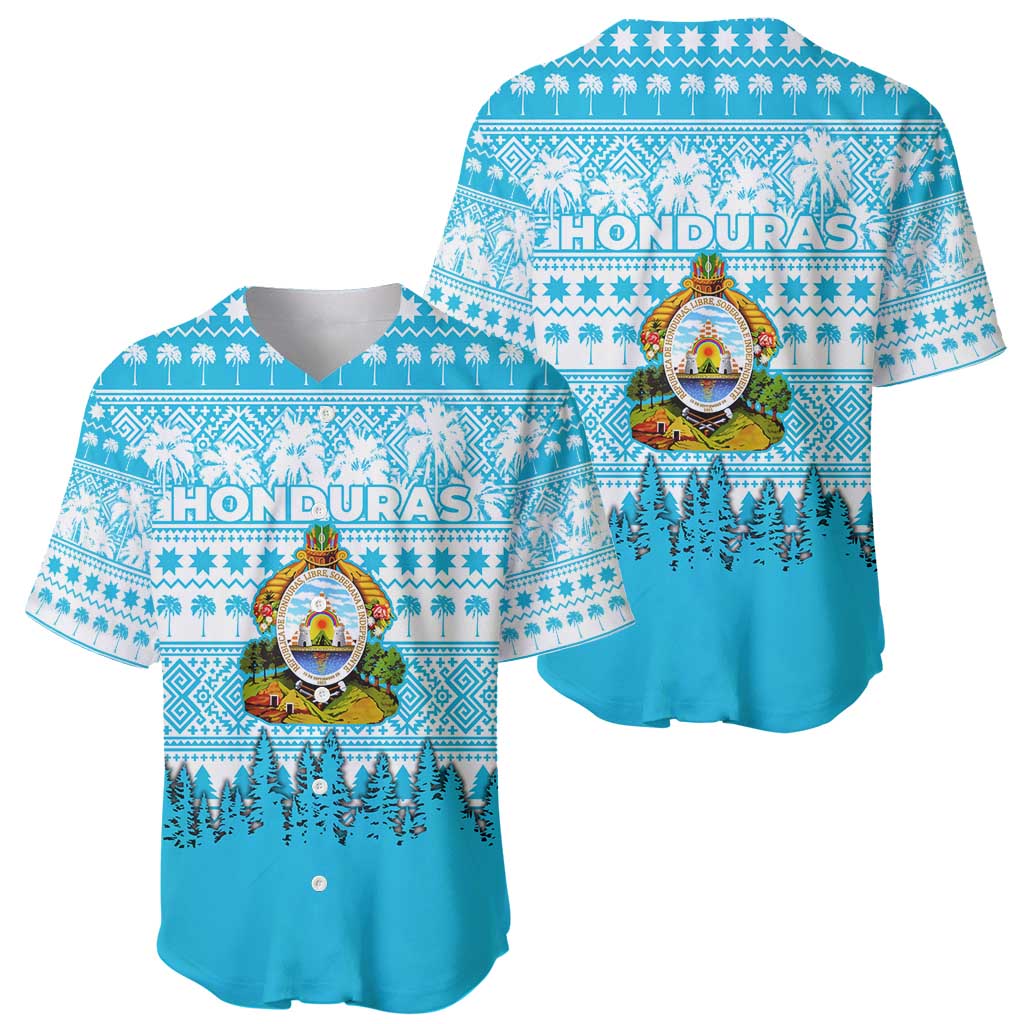 Honduras Christmas Baseball Jersey with National Emblem Palm Trees and Snowflake Pattern Design - Wonder Print Shop