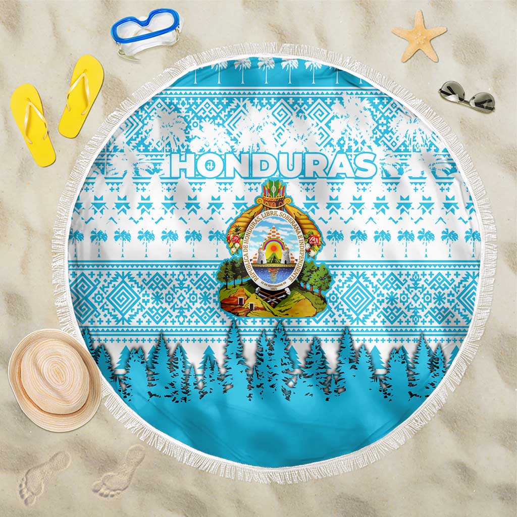 Honduras Christmas Beach Blanket with National Emblem Palm Trees and Snowflake Pattern Design - Wonder Print Shop