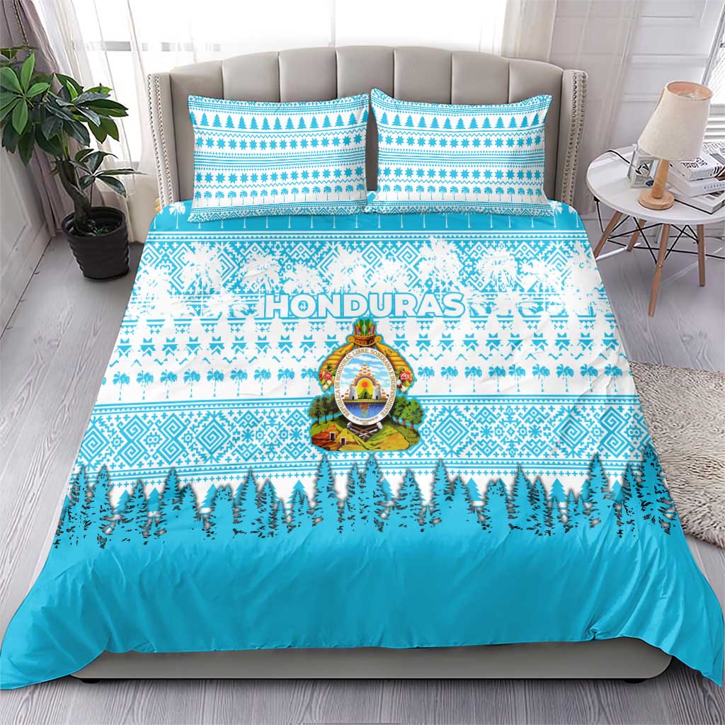 Honduras Christmas Bedding Set with National Emblem Palm Trees and Snowflake Pattern Design - Wonder Print Shop