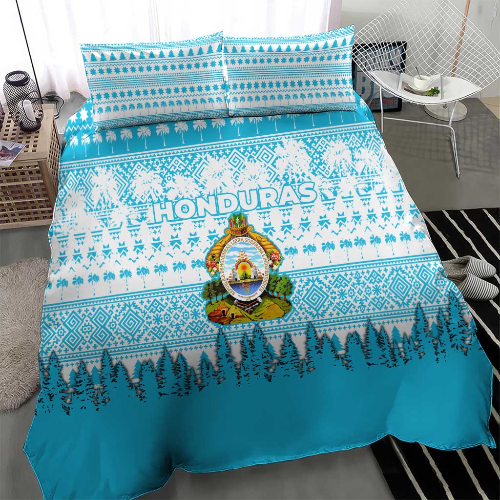 Honduras Christmas Bedding Set with National Emblem Palm Trees and Snowflake Pattern Design - Wonder Print Shop