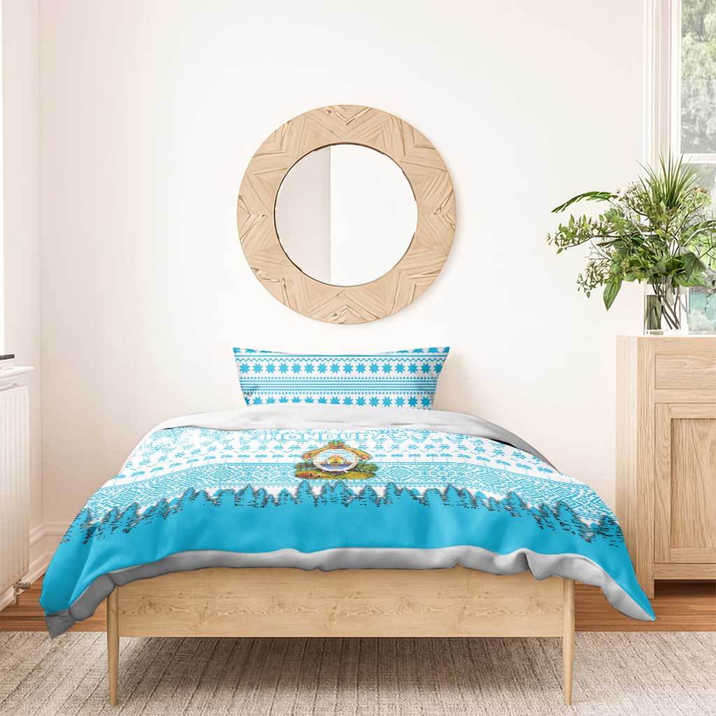 Honduras Christmas Bedding Set with National Emblem Palm Trees and Snowflake Pattern Design - Wonder Print Shop