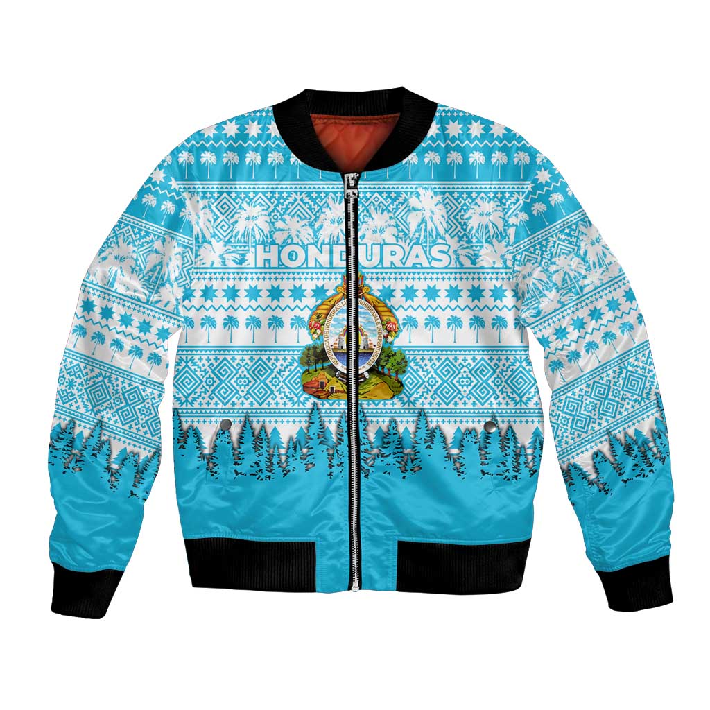 Honduras Christmas Bomber Jacket with National Emblem Palm Trees and Snowflake Pattern Design - Wonder Print Shop