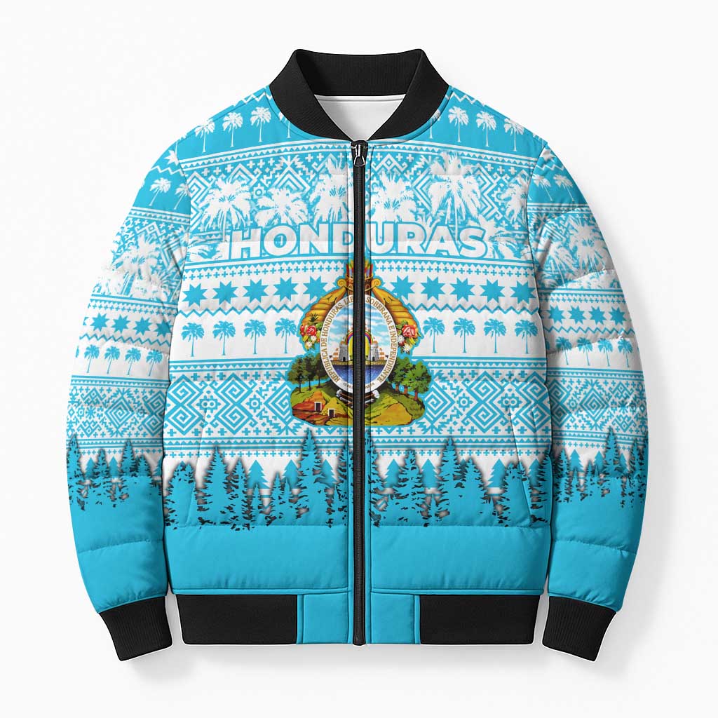 Honduras Christmas Bomber Puffer Jacket with National Emblem Palm Trees and Snowflake Pattern Design - Wonder Print Shop
