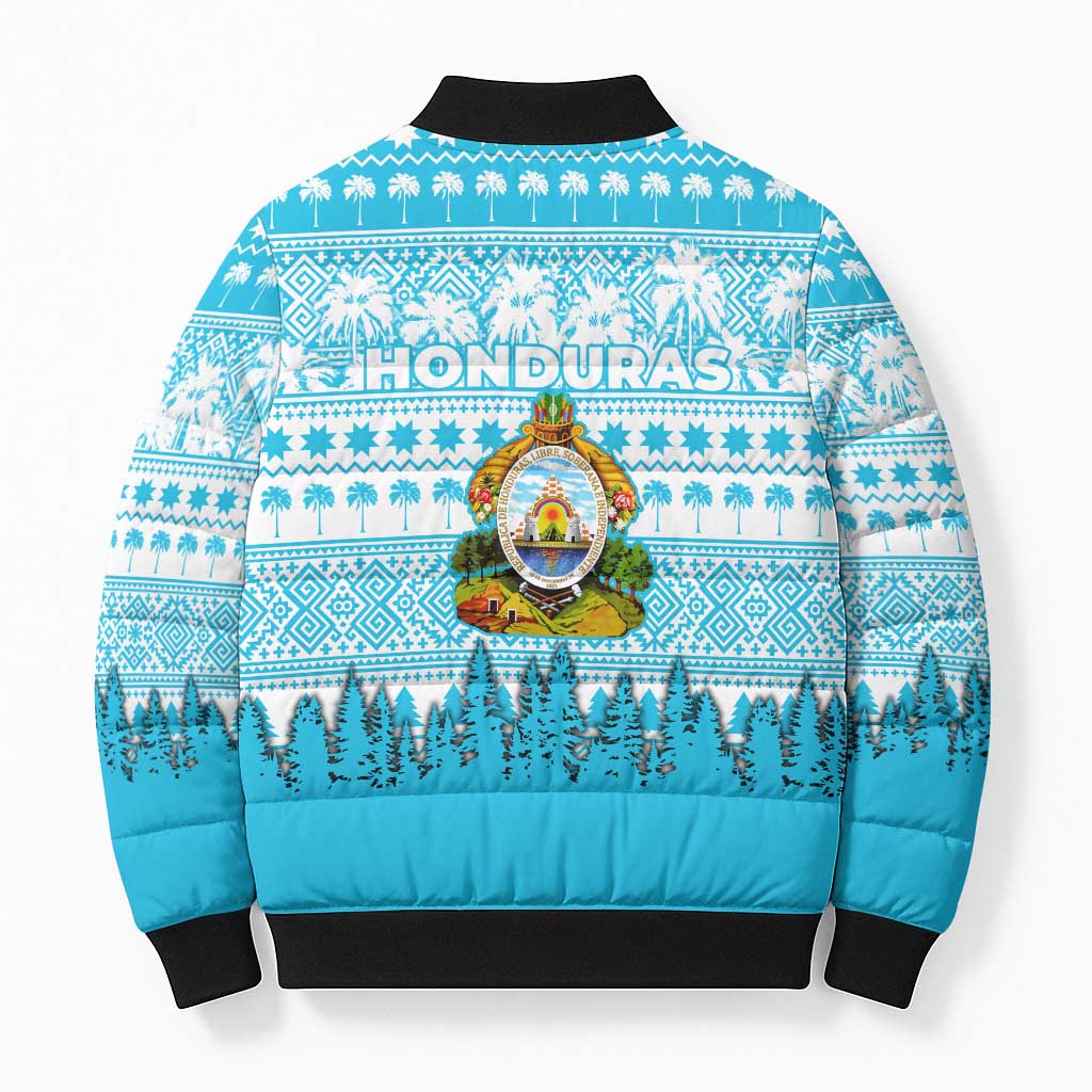 Honduras Christmas Bomber Puffer Jacket with National Emblem Palm Trees and Snowflake Pattern Design - Wonder Print Shop
