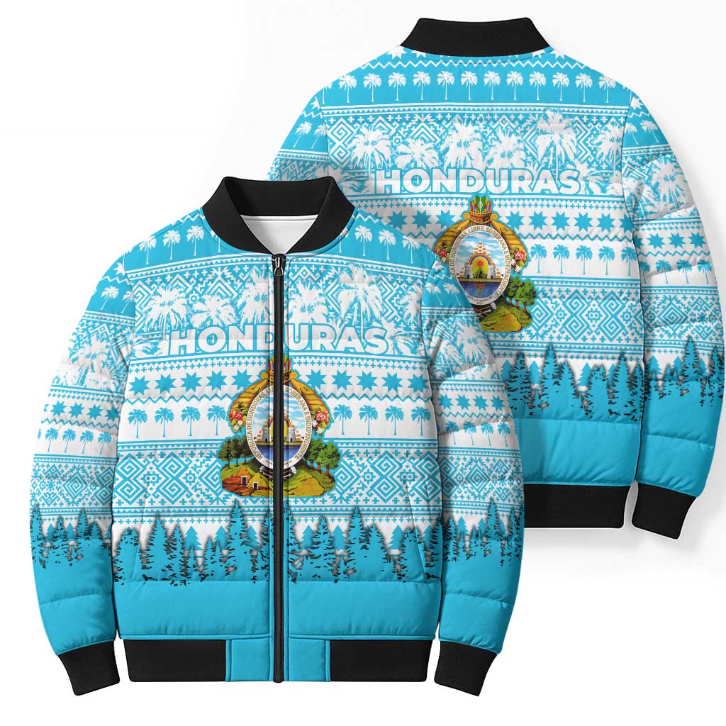 Honduras Christmas Bomber Puffer Jacket with National Emblem Palm Trees and Snowflake Pattern Design - Wonder Print Shop