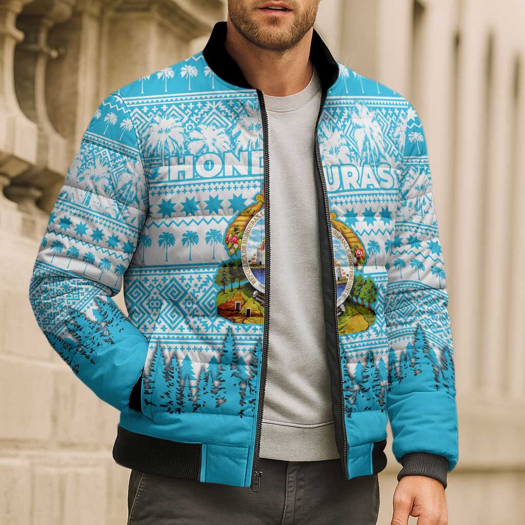 Honduras Christmas Bomber Puffer Jacket with National Emblem Palm Trees and Snowflake Pattern Design - Wonder Print Shop