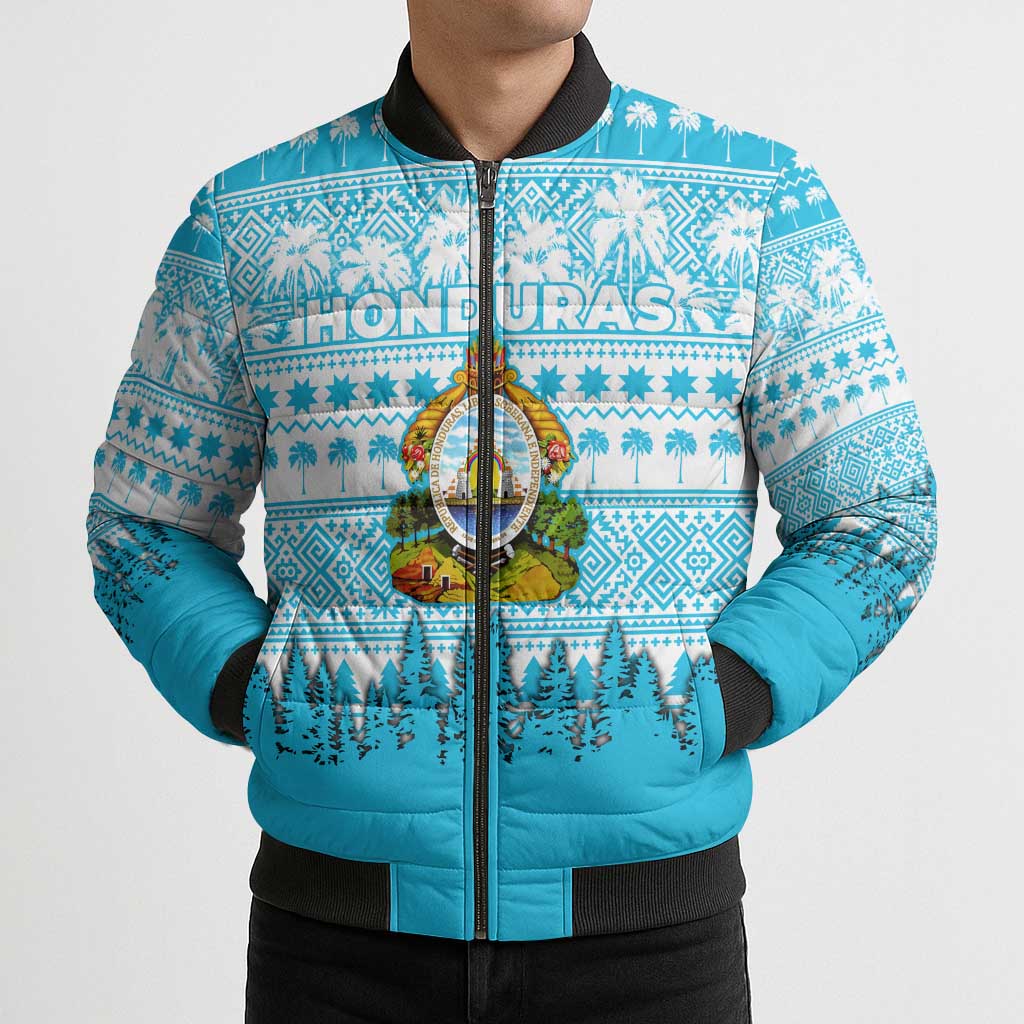 Honduras Christmas Bomber Puffer Jacket with National Emblem Palm Trees and Snowflake Pattern Design - Wonder Print Shop