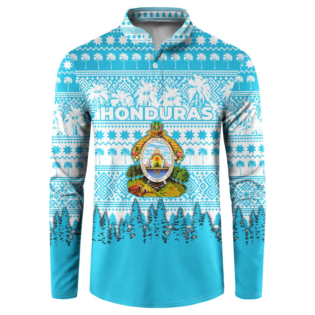 Honduras Christmas Button Sweatshirt with National Emblem Palm Trees and Snowflake Pattern Design - Wonder Print Shop