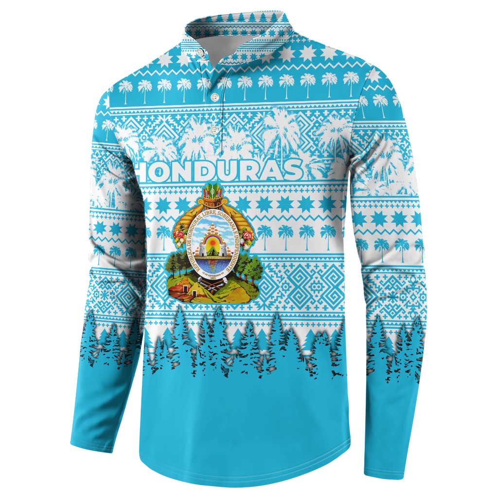 Honduras Christmas Button Sweatshirt with National Emblem Palm Trees and Snowflake Pattern Design - Wonder Print Shop