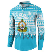 Honduras Christmas Button Sweatshirt with National Emblem Palm Trees and Snowflake Pattern Design - Wonder Print Shop