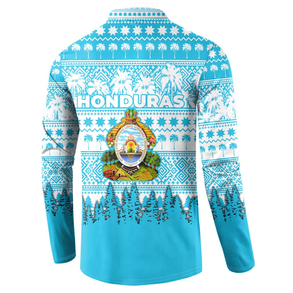 Honduras Christmas Button Sweatshirt with National Emblem Palm Trees and Snowflake Pattern Design - Wonder Print Shop