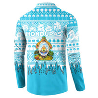 Honduras Christmas Button Sweatshirt with National Emblem Palm Trees and Snowflake Pattern Design - Wonder Print Shop