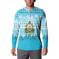 Honduras Christmas Button Sweatshirt with National Emblem Palm Trees and Snowflake Pattern Design - Wonder Print Shop