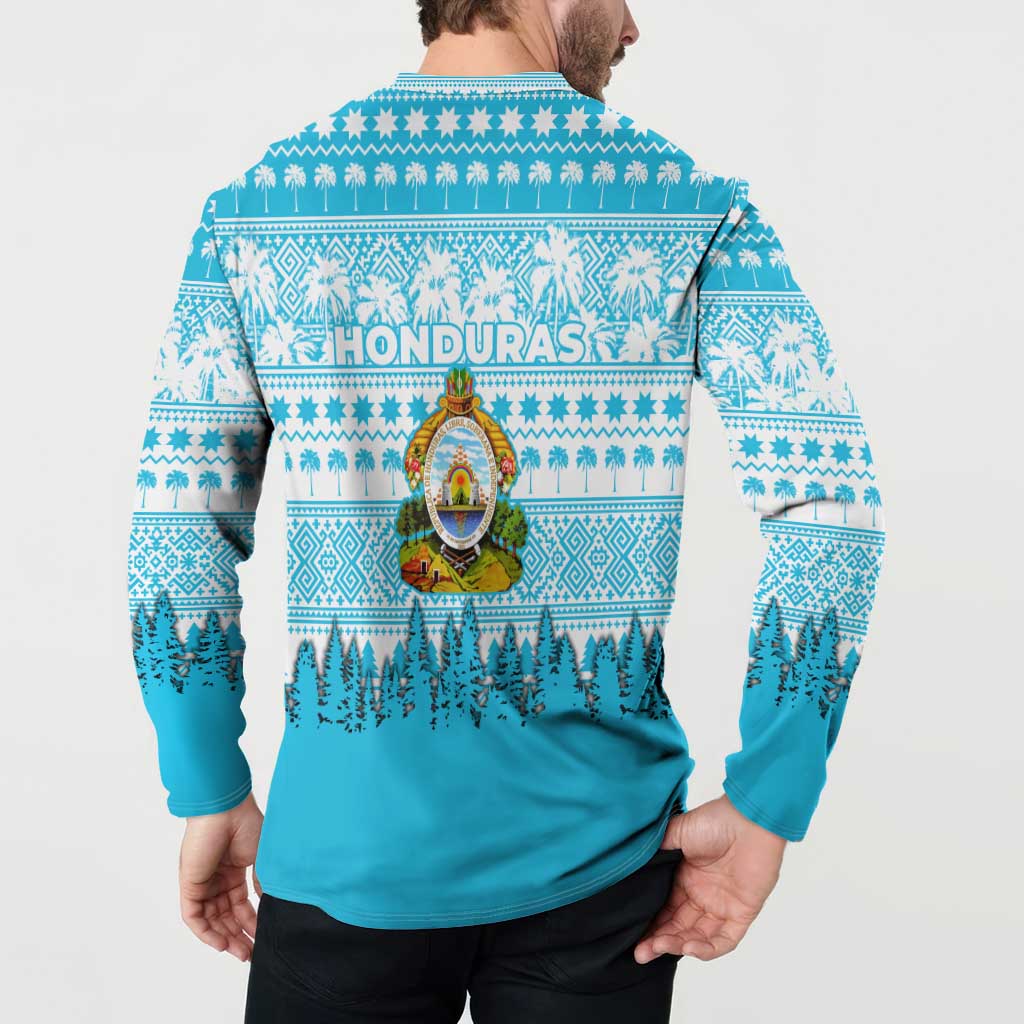 Honduras Christmas Button Sweatshirt with National Emblem Palm Trees and Snowflake Pattern Design - Wonder Print Shop