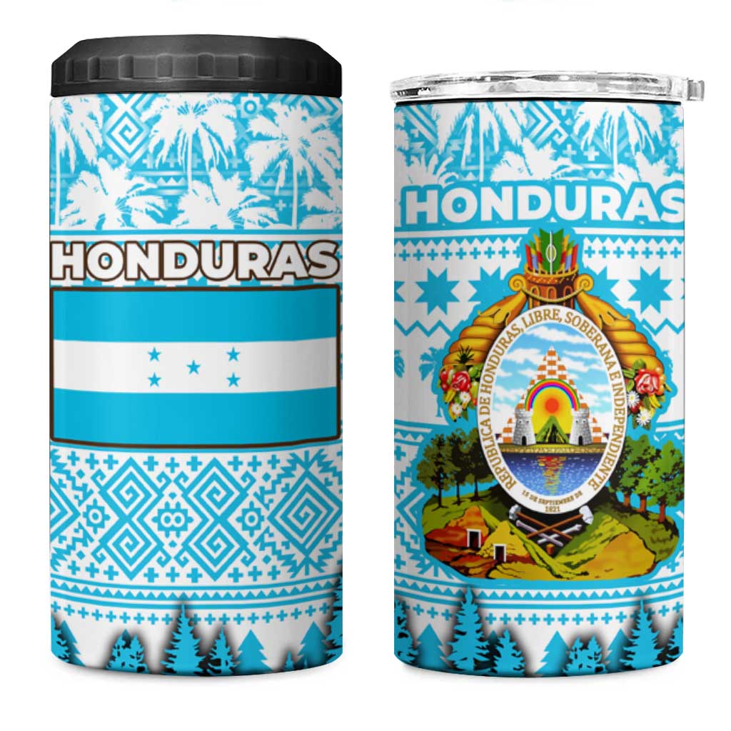 Honduras Christmas 4 in 1 Can Cooler Tumbler with National Emblem Palm Trees and Snowflake Pattern Design - Wonder Print Shop