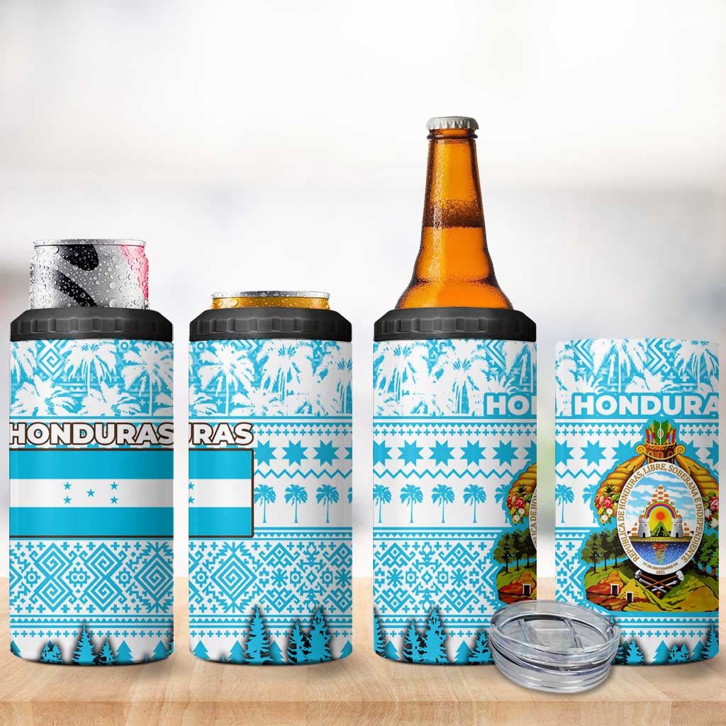 Honduras Christmas 4 in 1 Can Cooler Tumbler with National Emblem Palm Trees and Snowflake Pattern Design - Wonder Print Shop