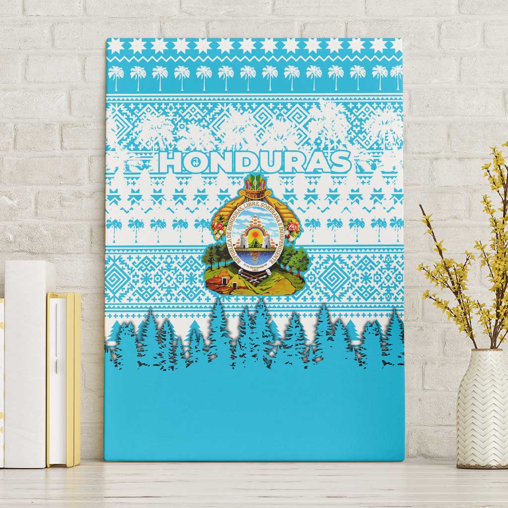 Honduras Christmas Canvas Wall Art with National Emblem Palm Trees and Snowflake Pattern Design - Wonder Print Shop