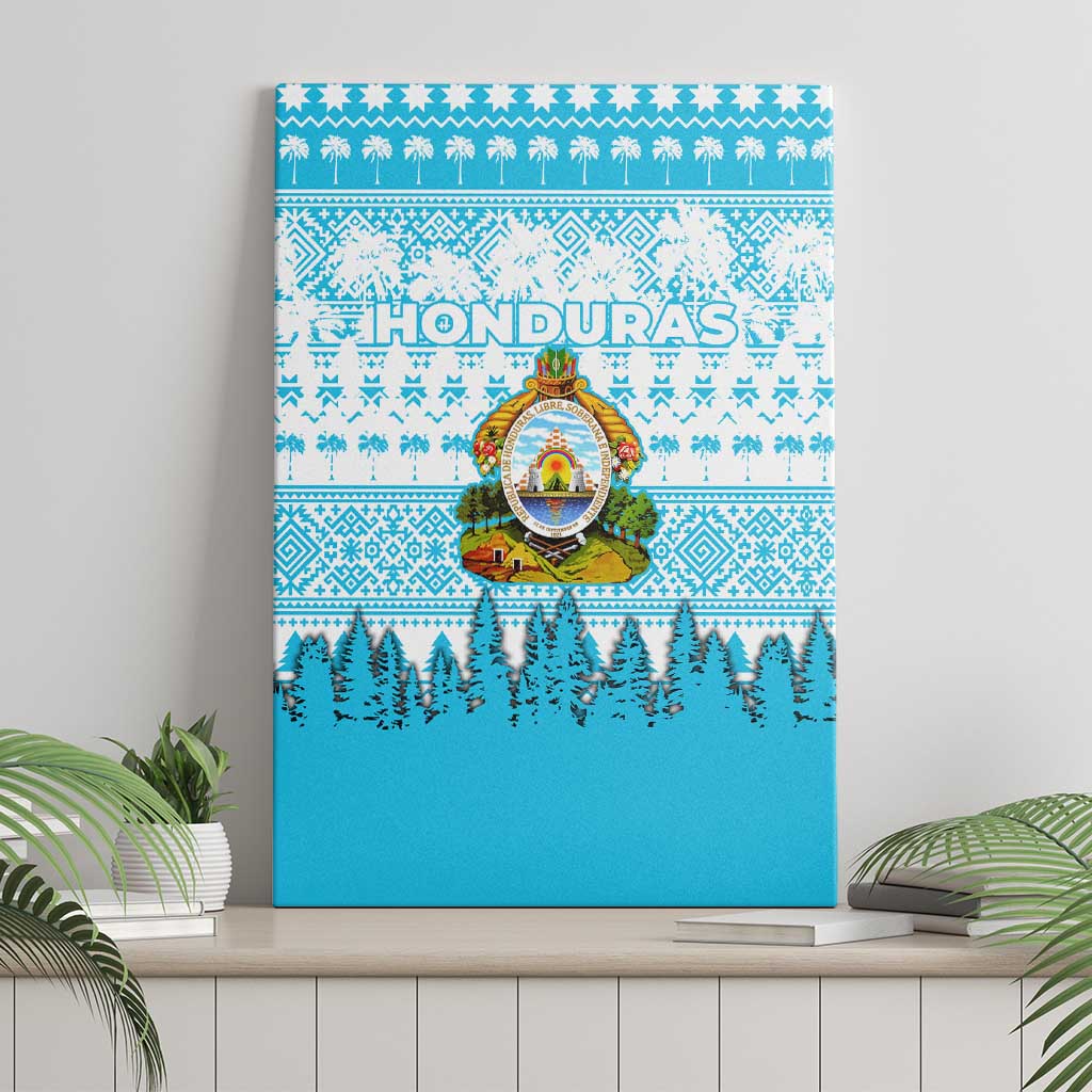 Honduras Christmas Canvas Wall Art with National Emblem Palm Trees and Snowflake Pattern Design - Wonder Print Shop