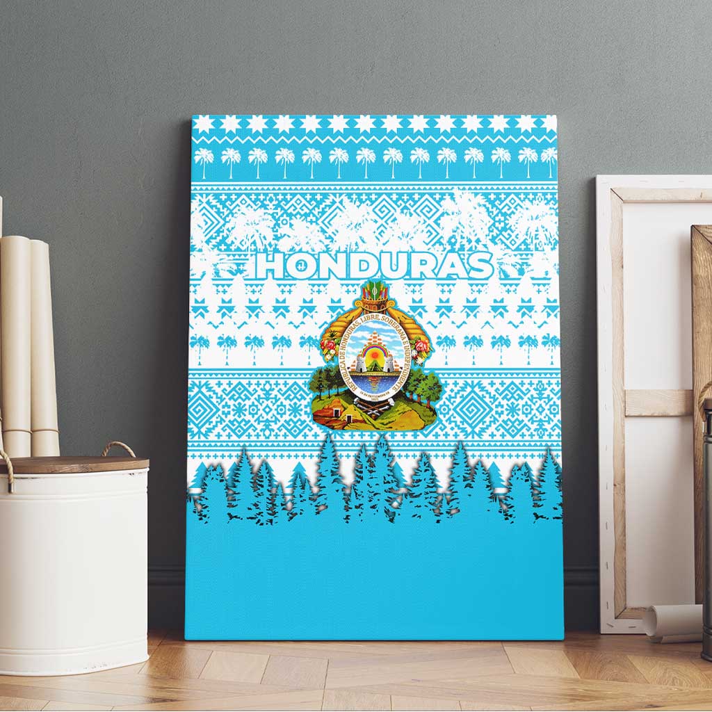Honduras Christmas Canvas Wall Art with National Emblem Palm Trees and Snowflake Pattern Design - Wonder Print Shop