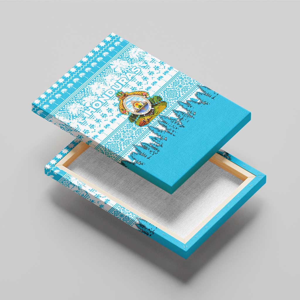 Honduras Christmas Canvas Wall Art with National Emblem Palm Trees and Snowflake Pattern Design - Wonder Print Shop