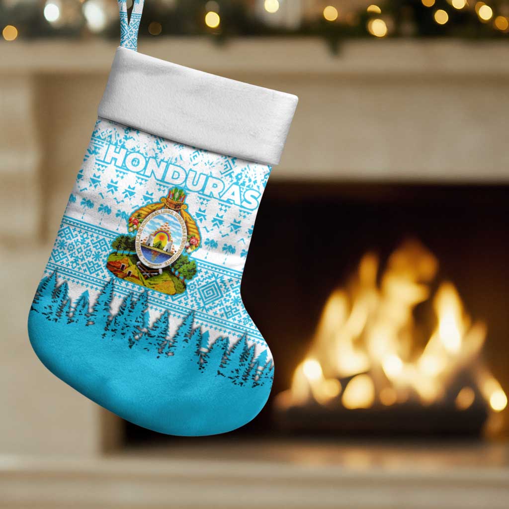 Honduras Christmas Stocking with National Emblem Palm Trees and Snowflake Pattern Design - Wonder Print Shop