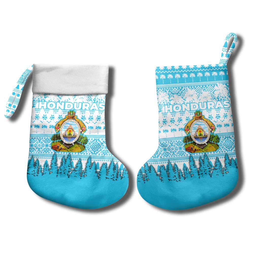 Honduras Christmas Stocking with National Emblem Palm Trees and Snowflake Pattern Design - Wonder Print Shop