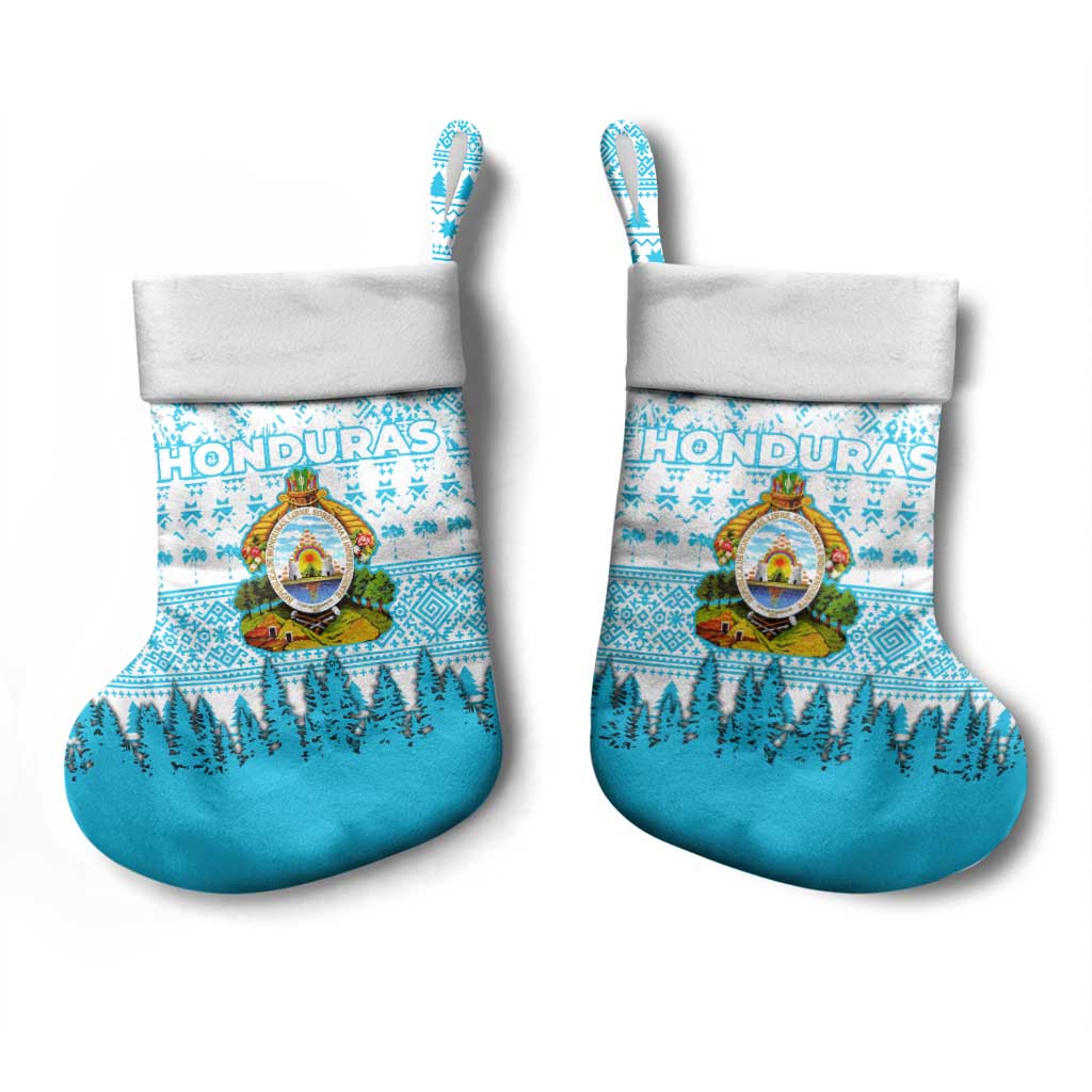 Honduras Christmas Stocking with National Emblem Palm Trees and Snowflake Pattern Design - Wonder Print Shop