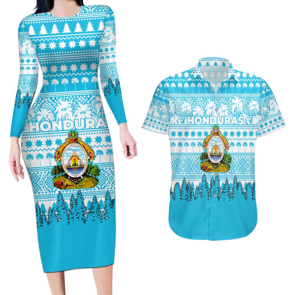Honduras Christmas Couples Matching Long Sleeve Bodycon Dress and Hawaiian Shirt with National Emblem Palm Trees and Snowflake Pattern Design - Wonder Print Shop
