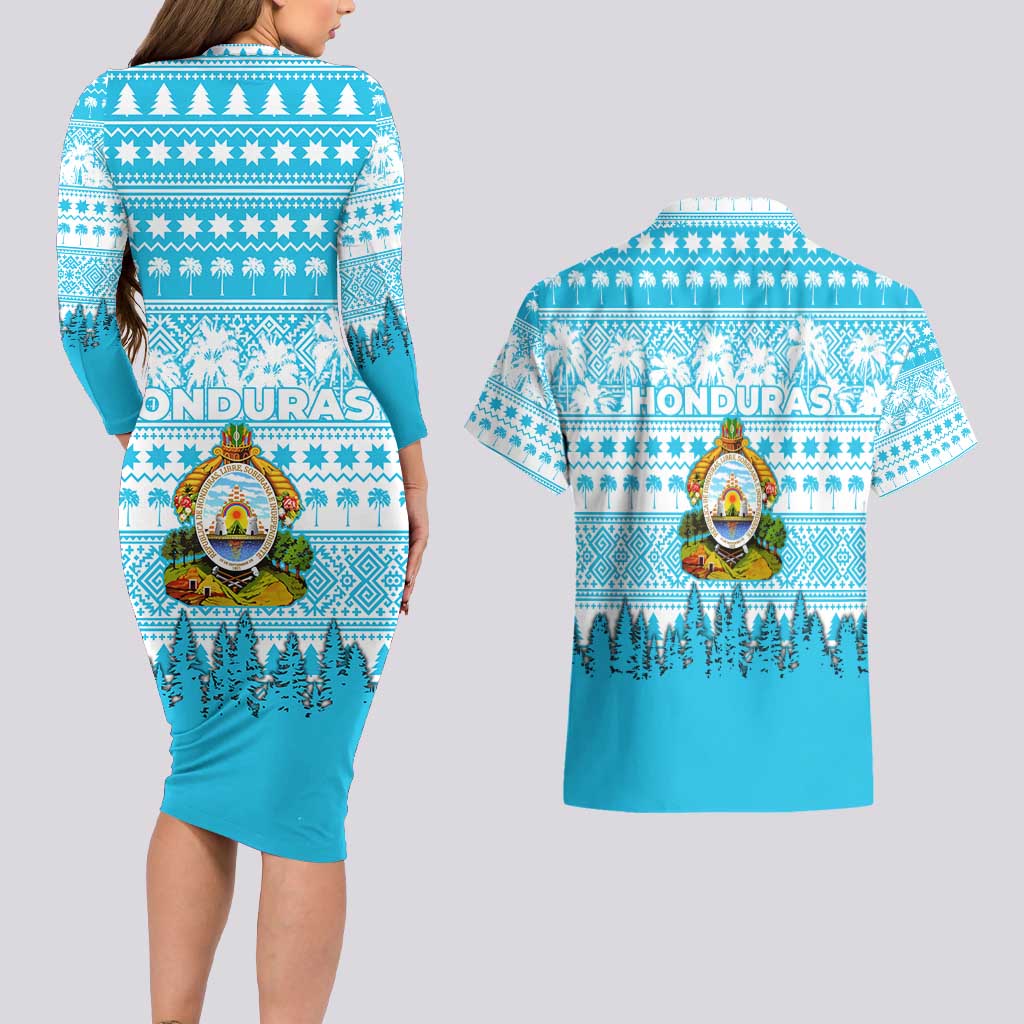 Honduras Christmas Couples Matching Long Sleeve Bodycon Dress and Hawaiian Shirt with National Emblem Palm Trees and Snowflake Pattern Design - Wonder Print Shop