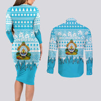 Honduras Christmas Couples Matching Long Sleeve Bodycon Dress and Long Sleeve Button Shirt with National Emblem Palm Trees and Snowflake Pattern Design - Wonder Print Shop