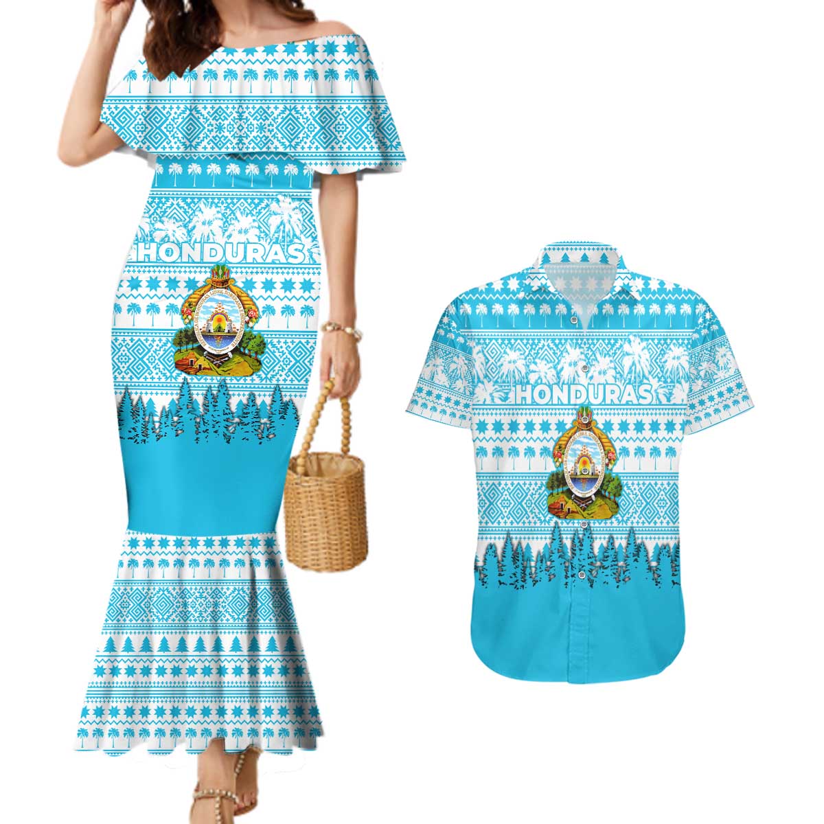 Honduras Christmas Couples Matching Mermaid Dress and Hawaiian Shirt with National Emblem Palm Trees and Snowflake Pattern Design - Wonder Print Shop