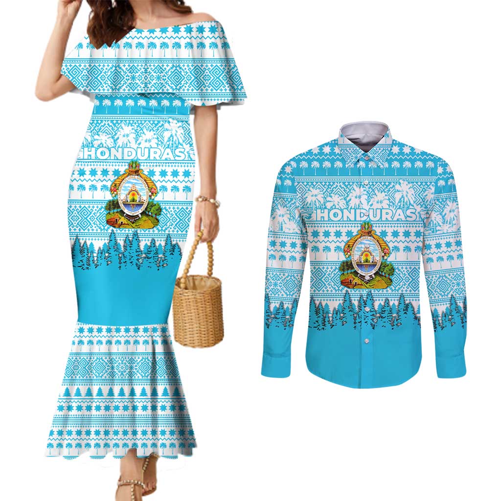Honduras Christmas Couples Matching Mermaid Dress and Long Sleeve Button Shirt with National Emblem Palm Trees and Snowflake Pattern Design - Wonder Print Shop