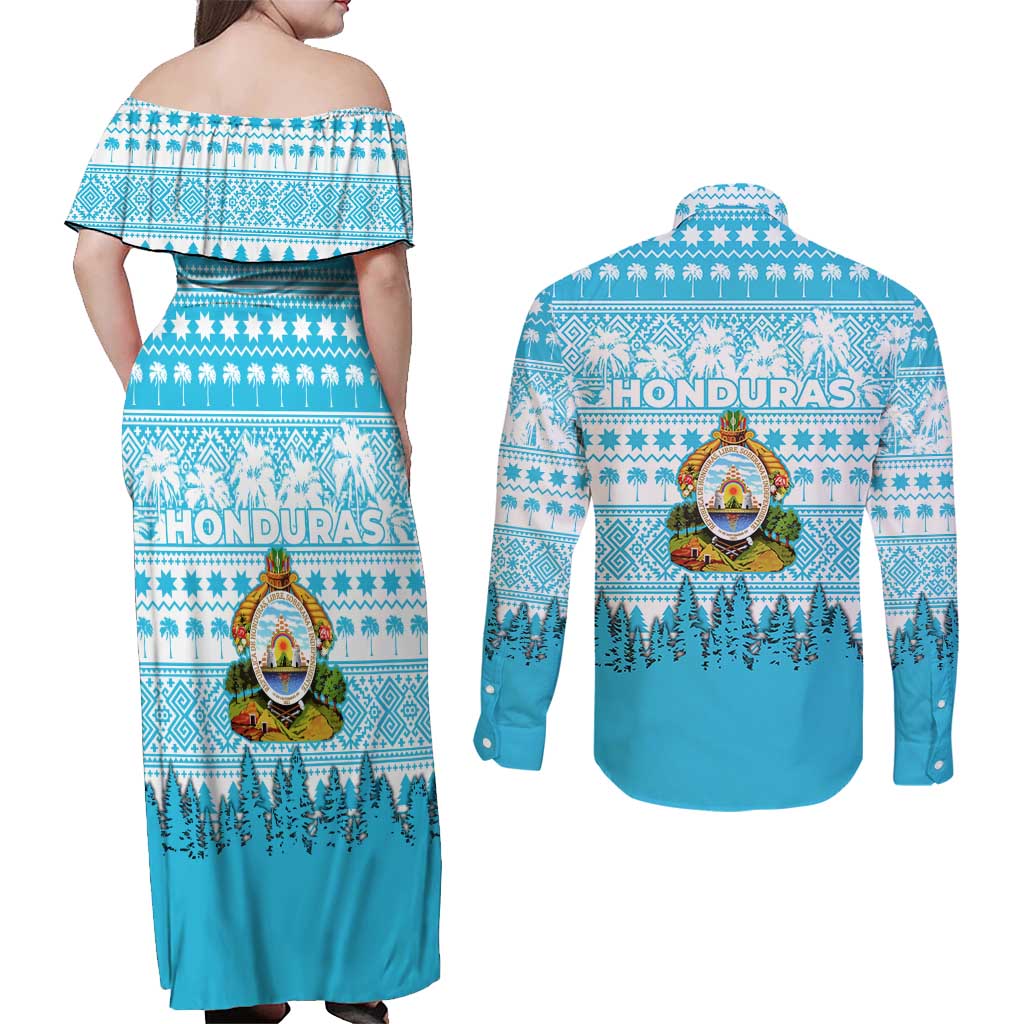 Honduras Christmas Couples Matching Off Shoulder Maxi Dress and Long Sleeve Button Shirt with National Emblem Palm Trees and Snowflake Pattern Design - Wonder Print Shop