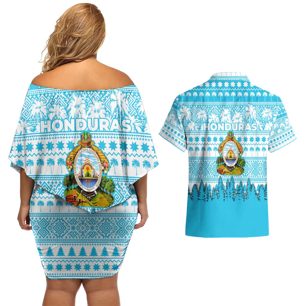 Honduras Christmas Couples Matching Off Shoulder Short Dress and Hawaiian Shirt with National Emblem Palm Trees and Snowflake Pattern Design - Wonder Print Shop