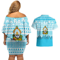 Honduras Christmas Couples Matching Off Shoulder Short Dress and Hawaiian Shirt with National Emblem Palm Trees and Snowflake Pattern Design - Wonder Print Shop