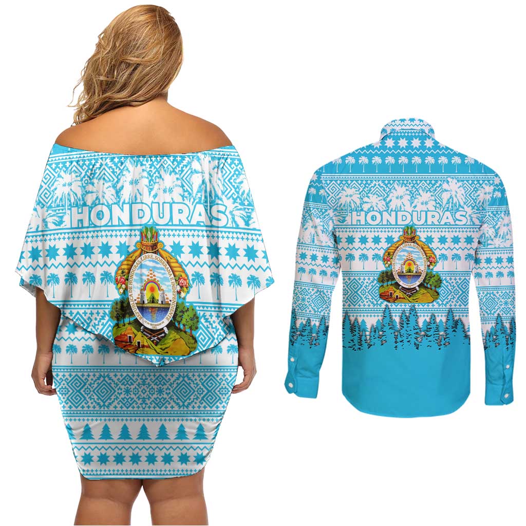 Honduras Christmas Couples Matching Off Shoulder Short Dress and Long Sleeve Button Shirt with National Emblem Palm Trees and Snowflake Pattern Design - Wonder Print Shop
