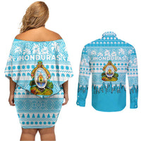 Honduras Christmas Couples Matching Off Shoulder Short Dress and Long Sleeve Button Shirt with National Emblem Palm Trees and Snowflake Pattern Design - Wonder Print Shop
