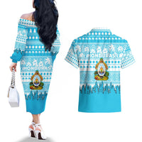 Honduras Christmas Couples Matching Off The Shoulder Long Sleeve Dress and Hawaiian Shirt with National Emblem Palm Trees and Snowflake Pattern Design - Wonder Print Shop
