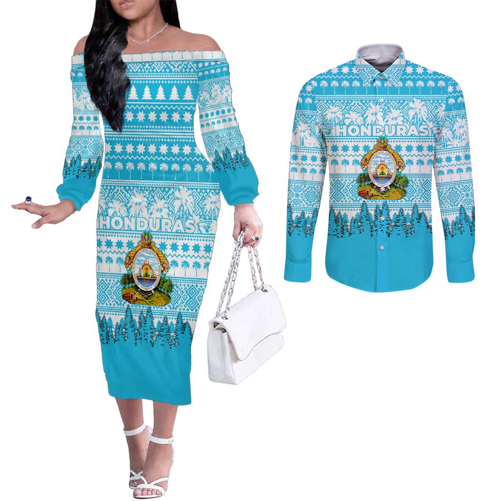Honduras Christmas Couples Matching Off The Shoulder Long Sleeve Dress and Long Sleeve Button Shirt with National Emblem Palm Trees and Snowflake Pattern Design - Wonder Print Shop
