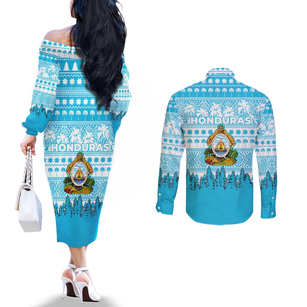 Honduras Christmas Couples Matching Off The Shoulder Long Sleeve Dress and Long Sleeve Button Shirt with National Emblem Palm Trees and Snowflake Pattern Design - Wonder Print Shop