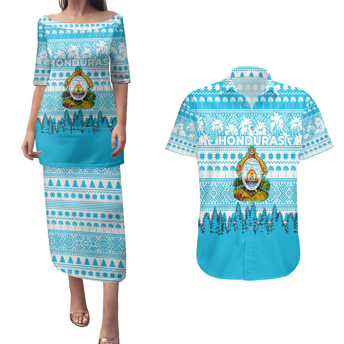 Honduras Christmas Couples Matching Puletasi and Hawaiian Shirt with National Emblem Palm Trees and Snowflake Pattern Design - Wonder Print Shop