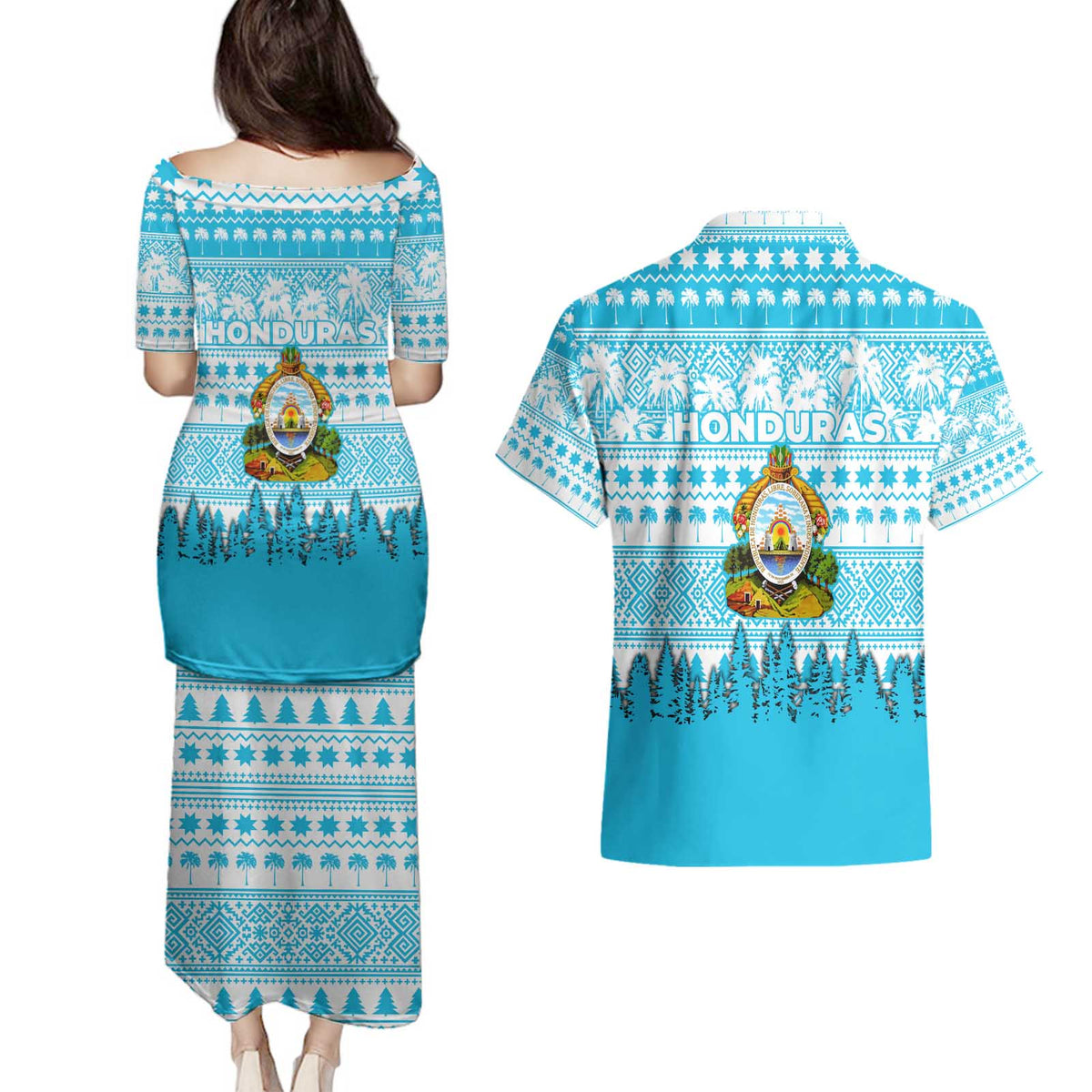 Honduras Christmas Couples Matching Puletasi and Hawaiian Shirt with National Emblem Palm Trees and Snowflake Pattern Design - Wonder Print Shop