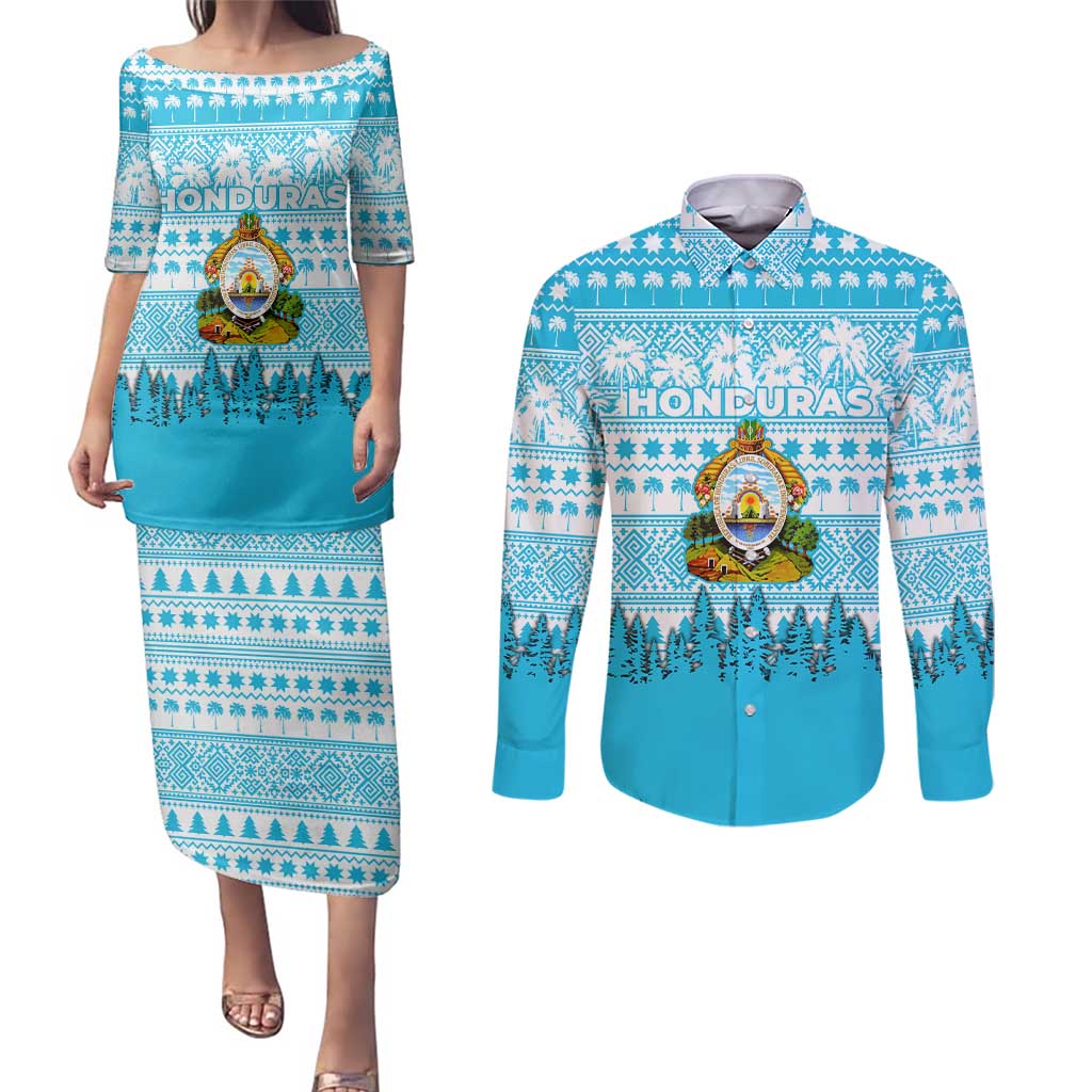 Honduras Christmas Couples Matching Puletasi and Long Sleeve Button Shirt with National Emblem Palm Trees and Snowflake Pattern Design - Wonder Print Shop