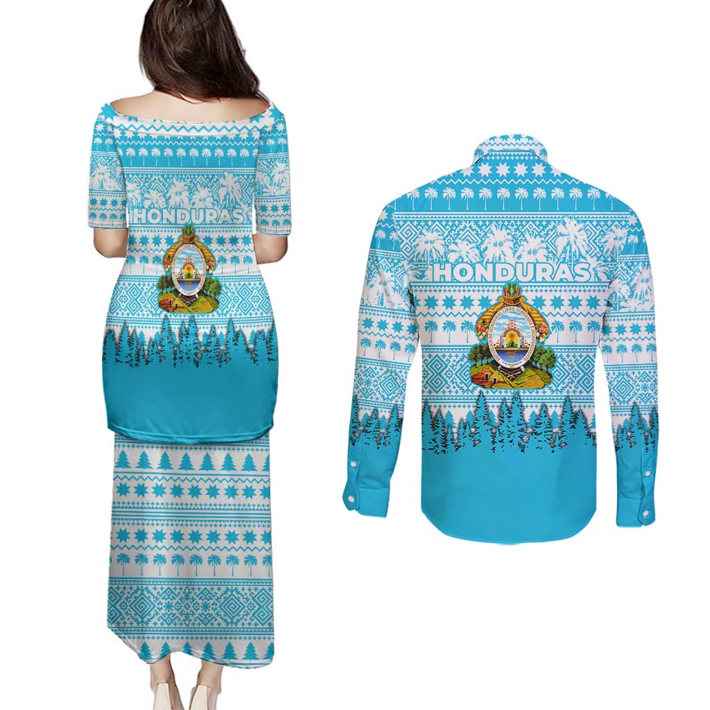 Honduras Christmas Couples Matching Puletasi and Long Sleeve Button Shirt with National Emblem Palm Trees and Snowflake Pattern Design - Wonder Print Shop