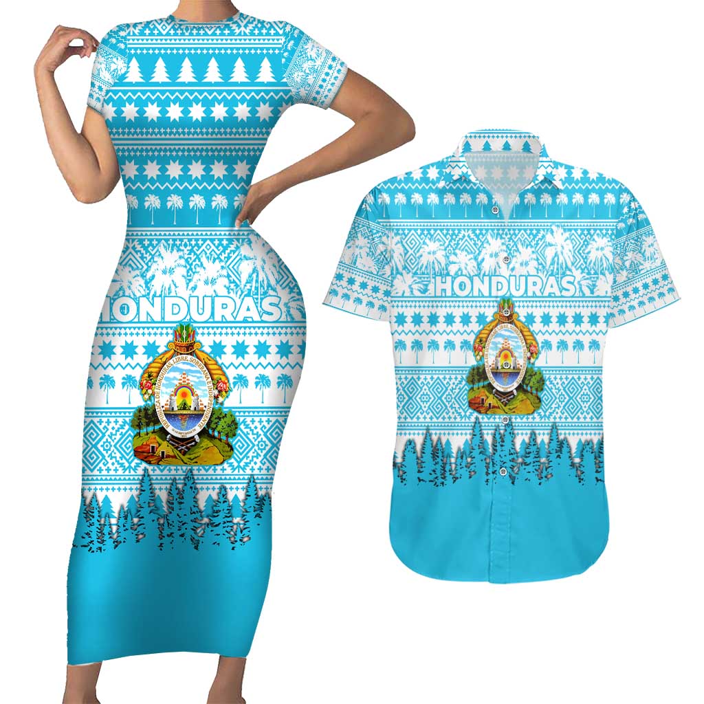 Honduras Christmas Couples Matching Short Sleeve Bodycon Dress and Hawaiian Shirt with National Emblem Palm Trees and Snowflake Pattern Design - Wonder Print Shop